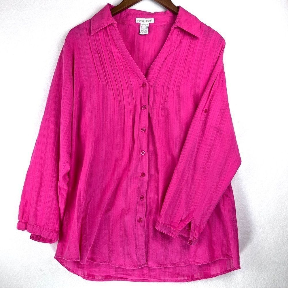 100% Cotton Lightweight Pleated Breezy Button Down Tunic Bright Pink‎ Hi Low XL